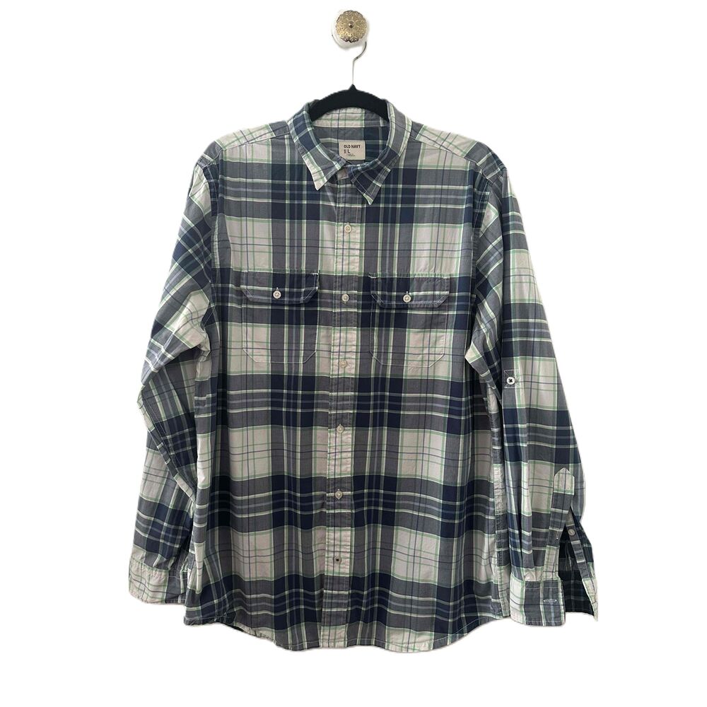 Old Navy Shirt Mens Size Large Blue Windowpane Plaid Long Sleeve Buttonup Casual